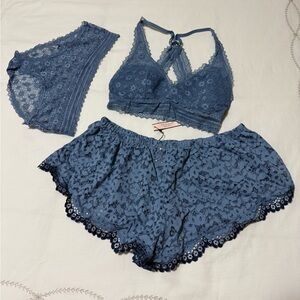 Lace Bralette and Shorts Set - Blue